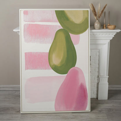 Pink and Green Pears Canvas Print in white floating frame