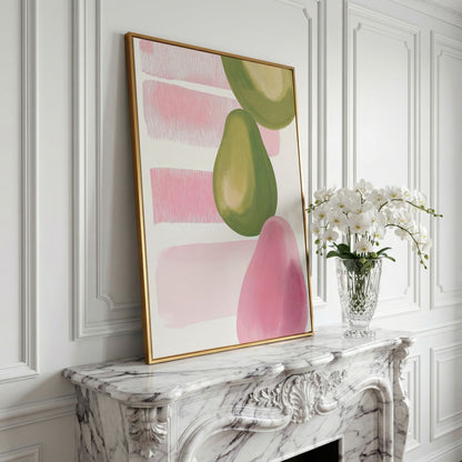 Pink and Green Pears Canvas Print in yellow gold floating frame