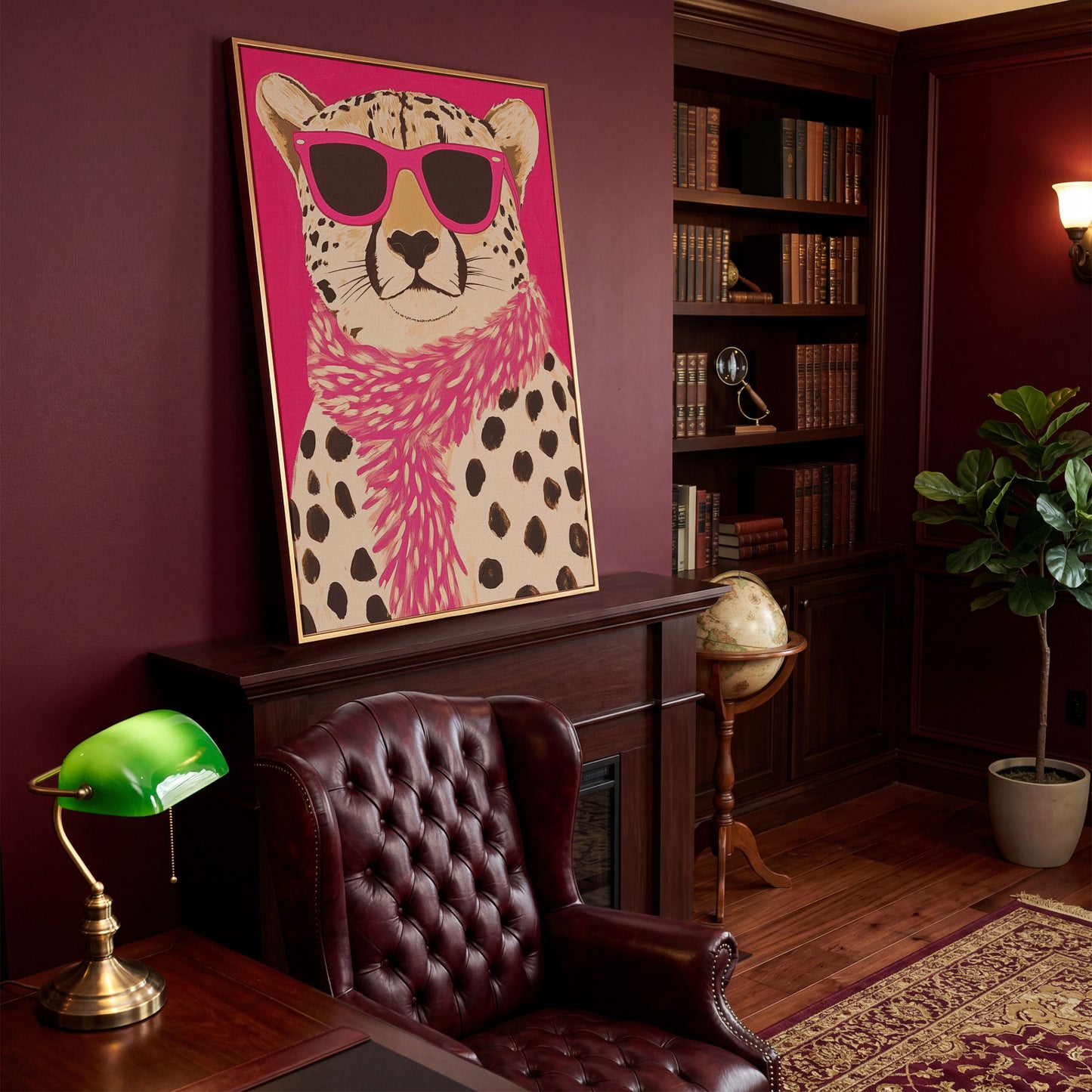 Leopard with Sunglasses Canvas Wall Art in Pink in antique gold floating frame