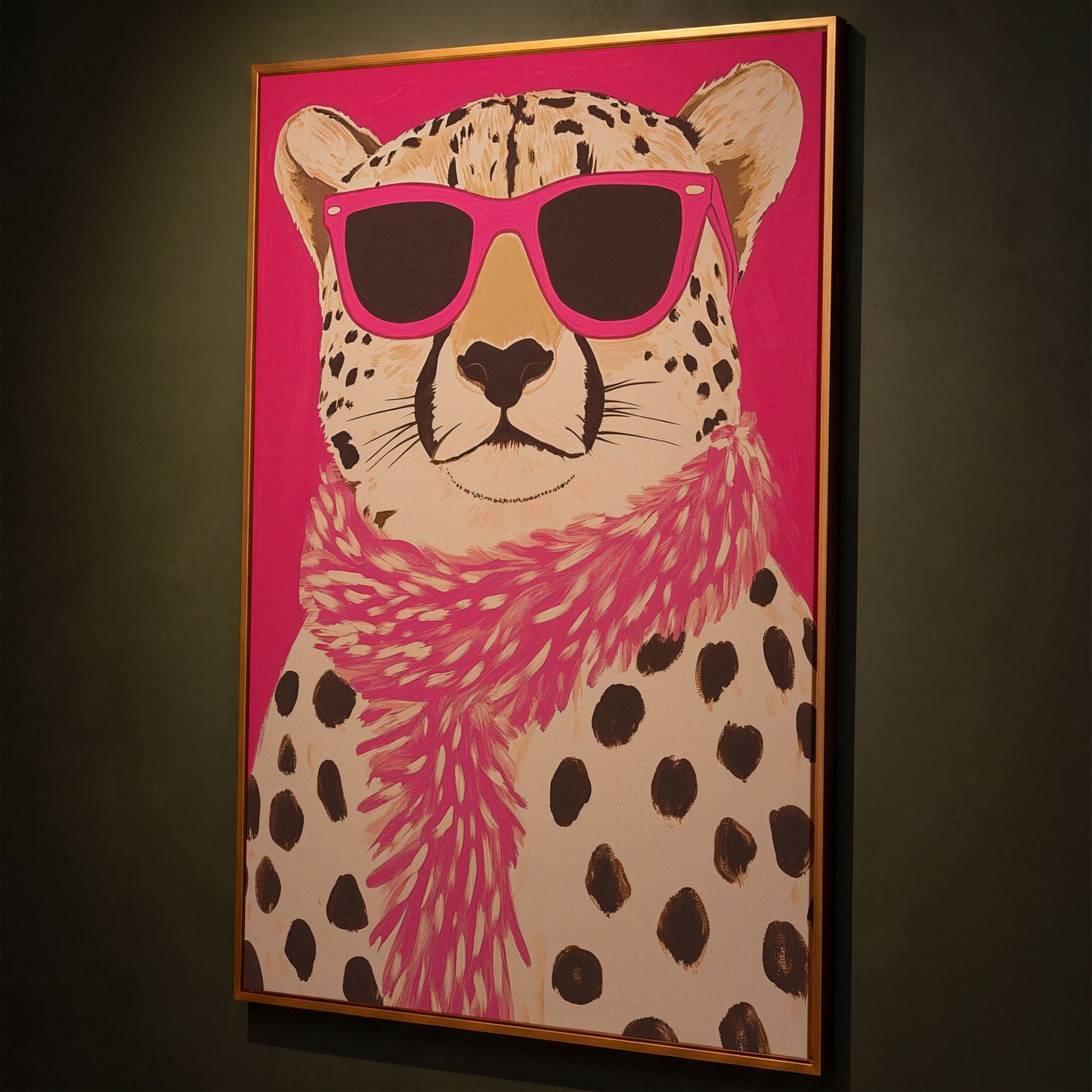 Leopard with Sunglasses Canvas Wall Art in Pink shown in antique gold floating frame