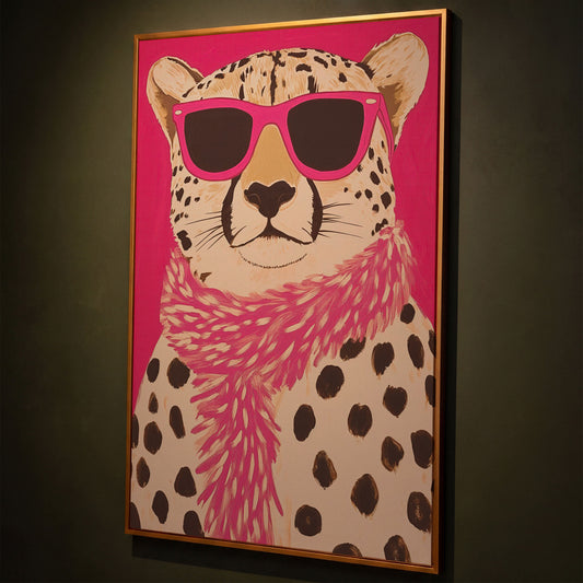 Leopard with Sunglasses Canvas Wall Art in Pink shown in antique gold floating frame