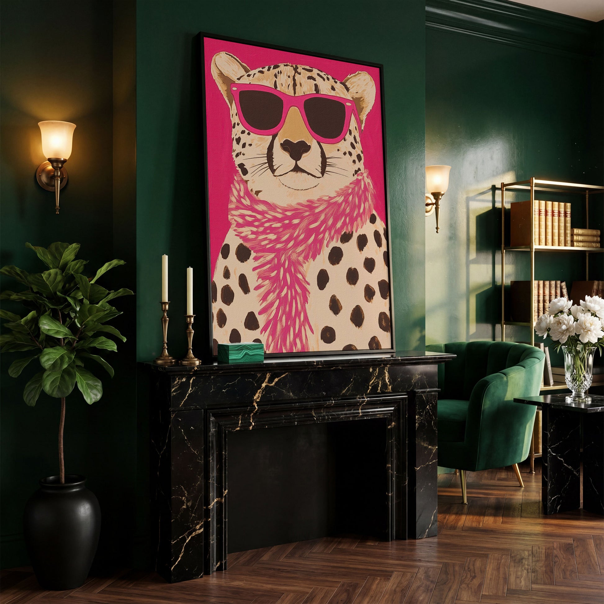 Leopard with Sunglasses Canvas Wall Art in Pink in black floating frame