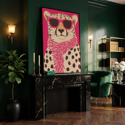 Leopard with Sunglasses Canvas Wall Art in Pink in black floating frame