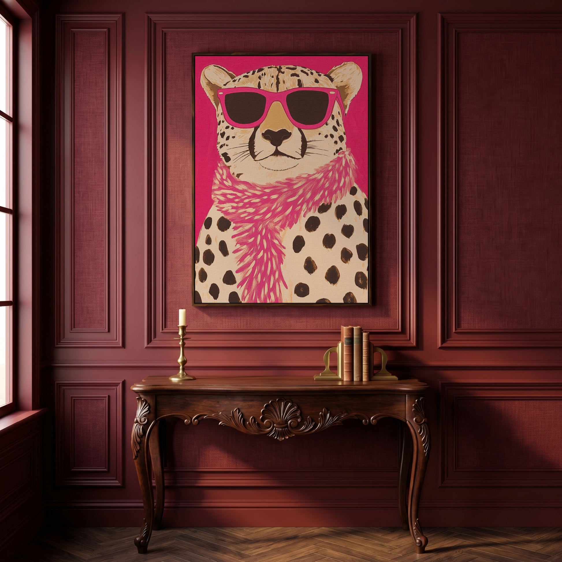 Leopard with Sunglasses Canvas Wall Art in Pink in dark walnut floating frame