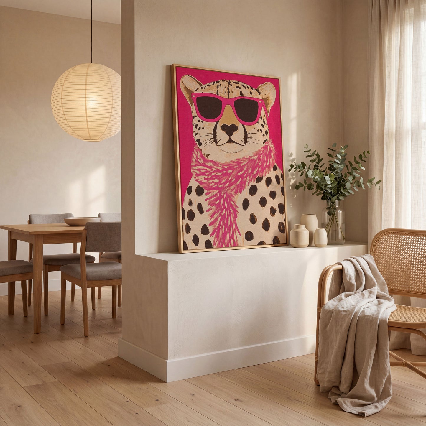 Leopard with Sunglasses Canvas Wall Art in Pink in white oak floating frame