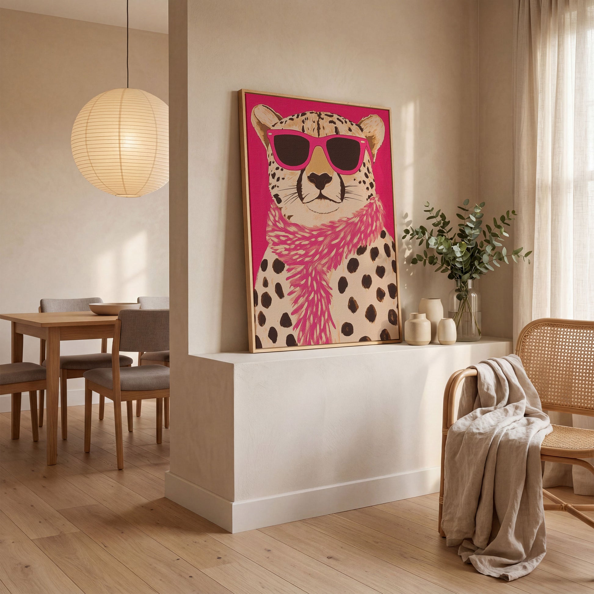 Leopard with Sunglasses Canvas Wall Art in Pink in white oak floating frame