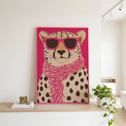 Leopard with Sunglasses Canvas Wall Art in Pink in pink floating frame