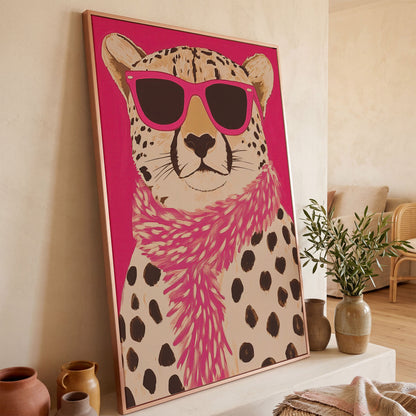 Leopard with Sunglasses Canvas Wall Art in Pink in rose gold floating frame