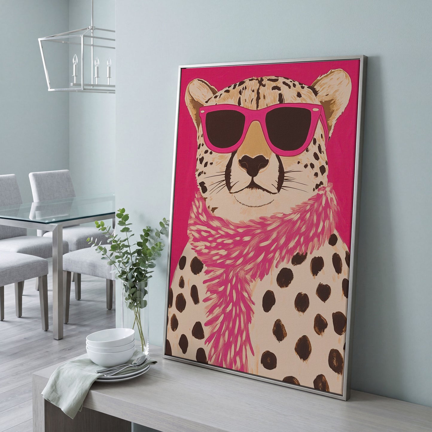 Leopard with Sunglasses Canvas Wall Art in Pink in silver floating frame