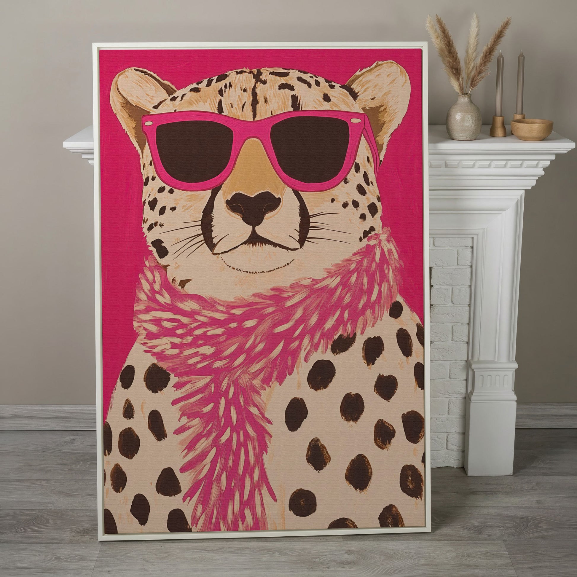 Leopard with Sunglasses Canvas Wall Art in Pink in white floating frame