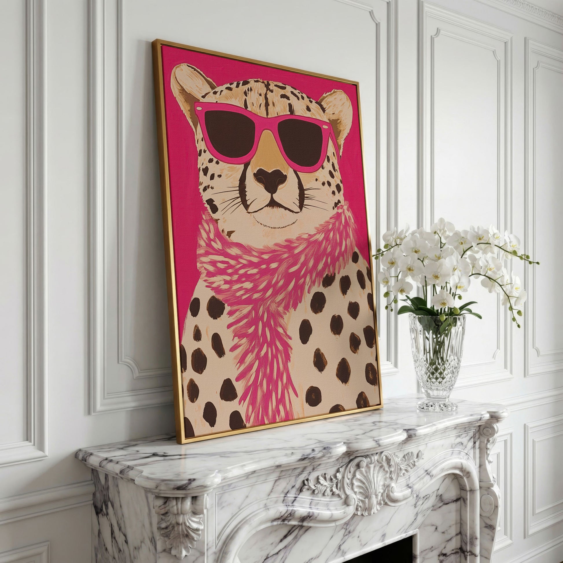 Leopard with Sunglasses Canvas Wall Art in Pink in yellow gold floating frame