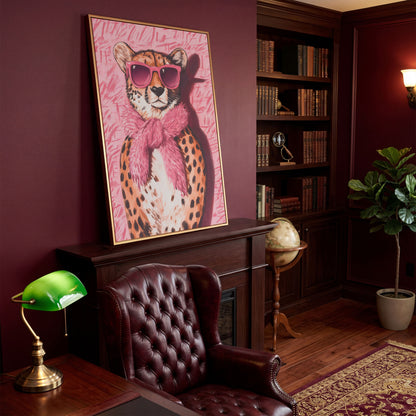 Leopard with Sunglasses Canvas Print, Pink Fashion Art in antique gold floating frame