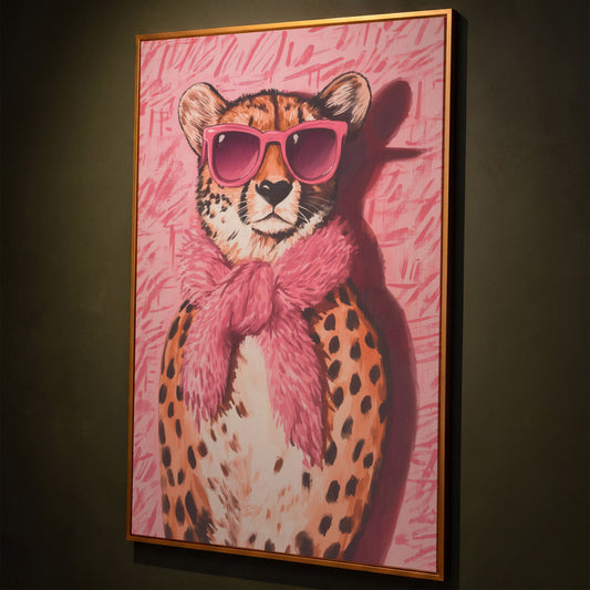 Leopard with Sunglasses Canvas Print, Pink Fashion Art shown in antique gold floating frame