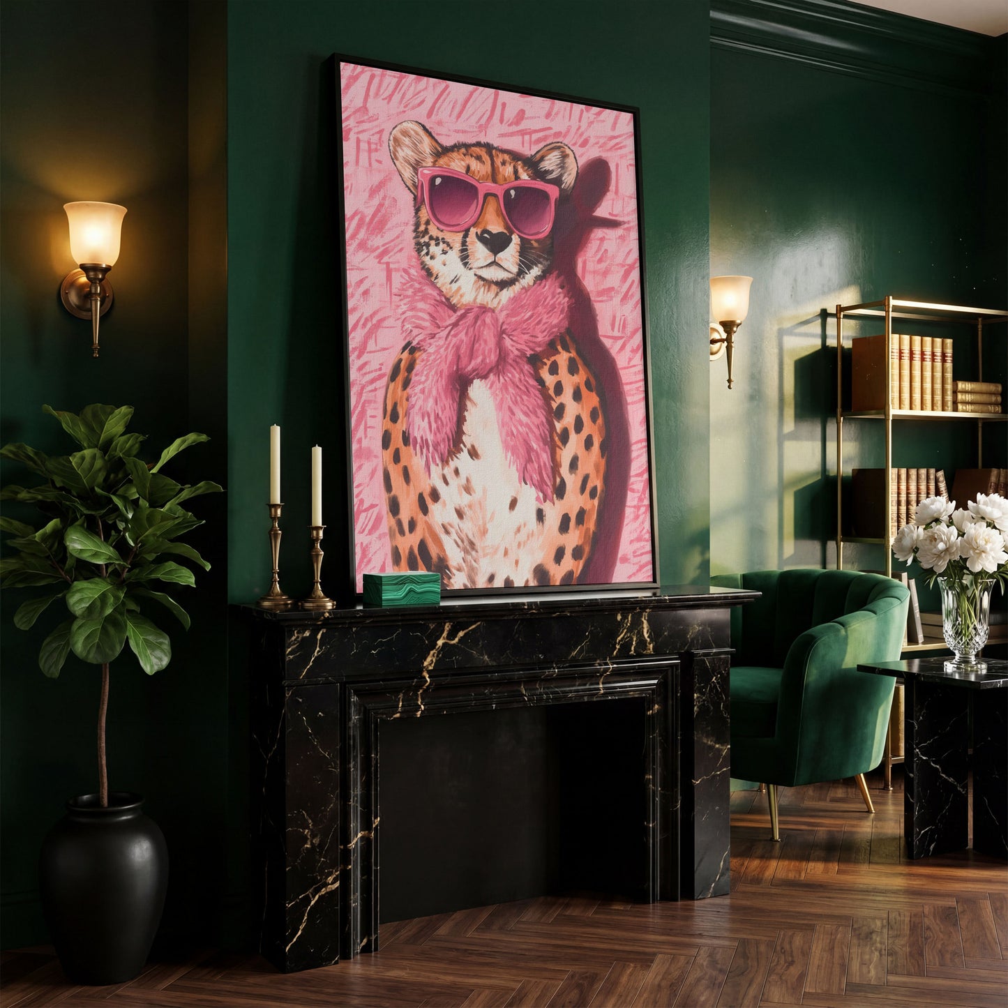 Leopard with Sunglasses Canvas Print, Pink Fashion Art in black floating frame