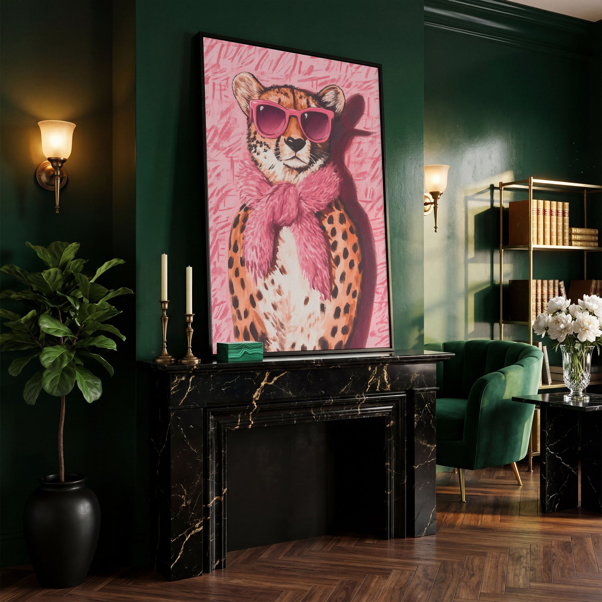 Leopard with Sunglasses Canvas Print, Pink Fashion Art in black floating frame