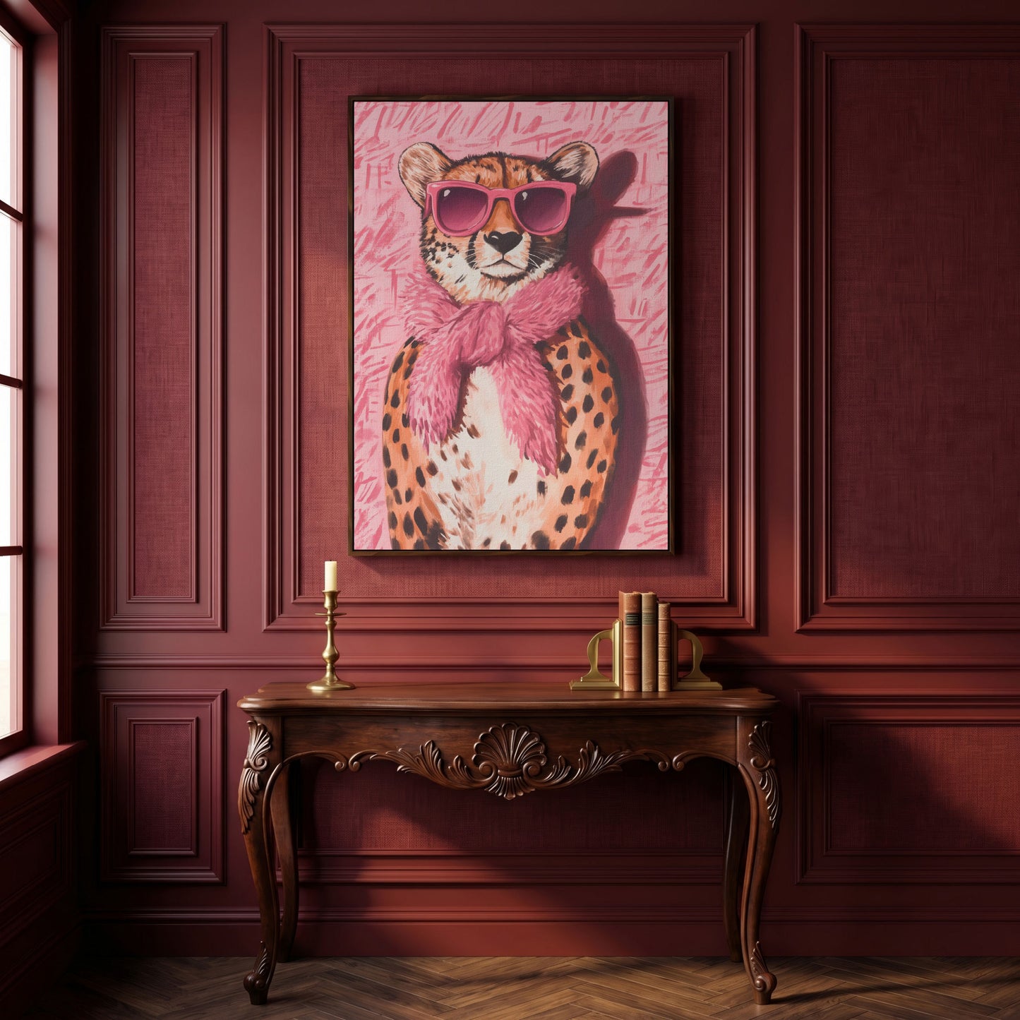 Leopard with Sunglasses Canvas Print, Pink Fashion Art in dark walnut floating frame