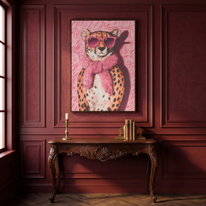 Leopard with Sunglasses Canvas Print, Pink Fashion Art in dark walnut floating frame