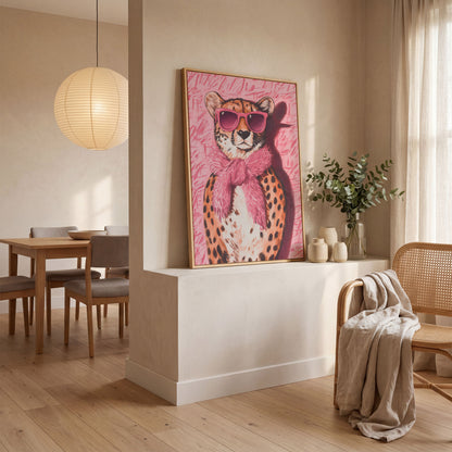 Leopard with Sunglasses Canvas Print, Pink Fashion Art in white oak floating frame