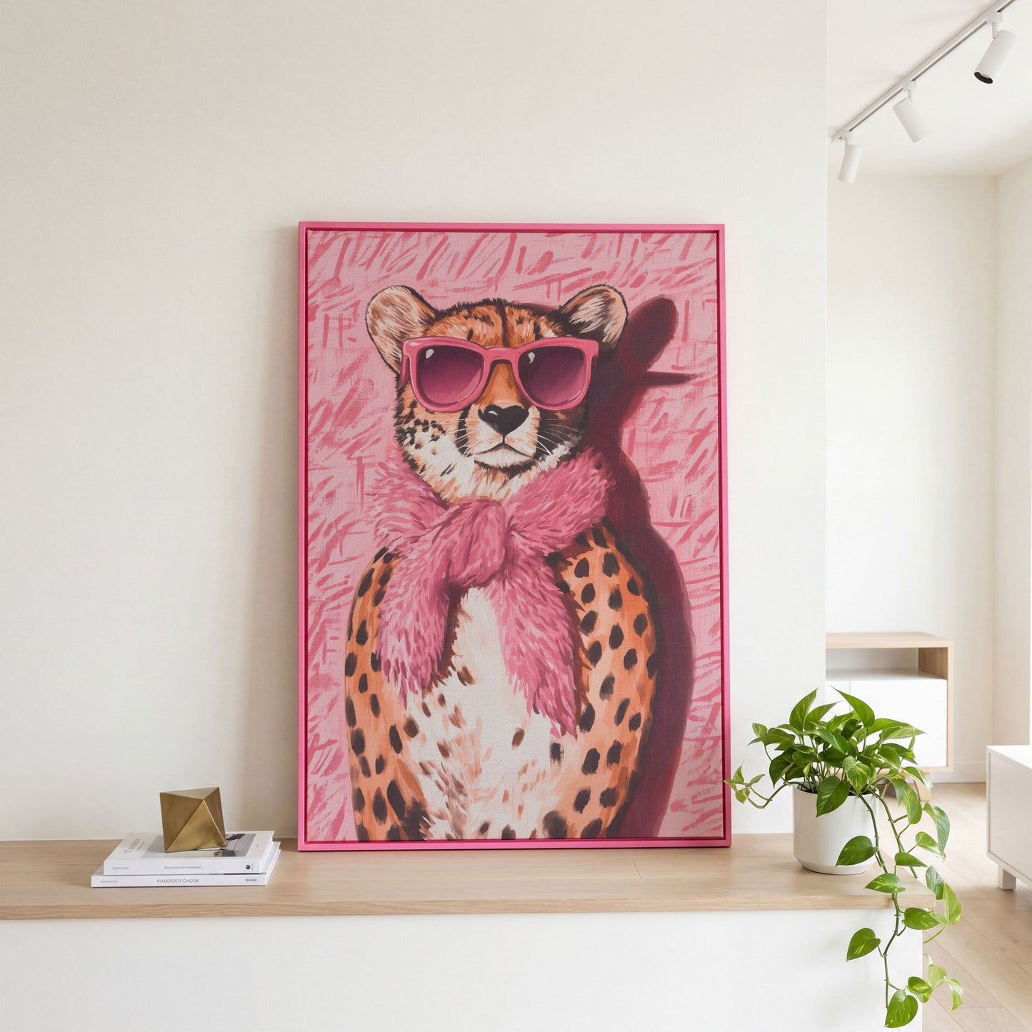Leopard with Sunglasses Canvas Print, Pink Fashion Art in pink floating frame