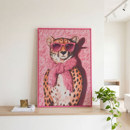 Leopard with Sunglasses Canvas Print, Pink Fashion Art in pink floating frame