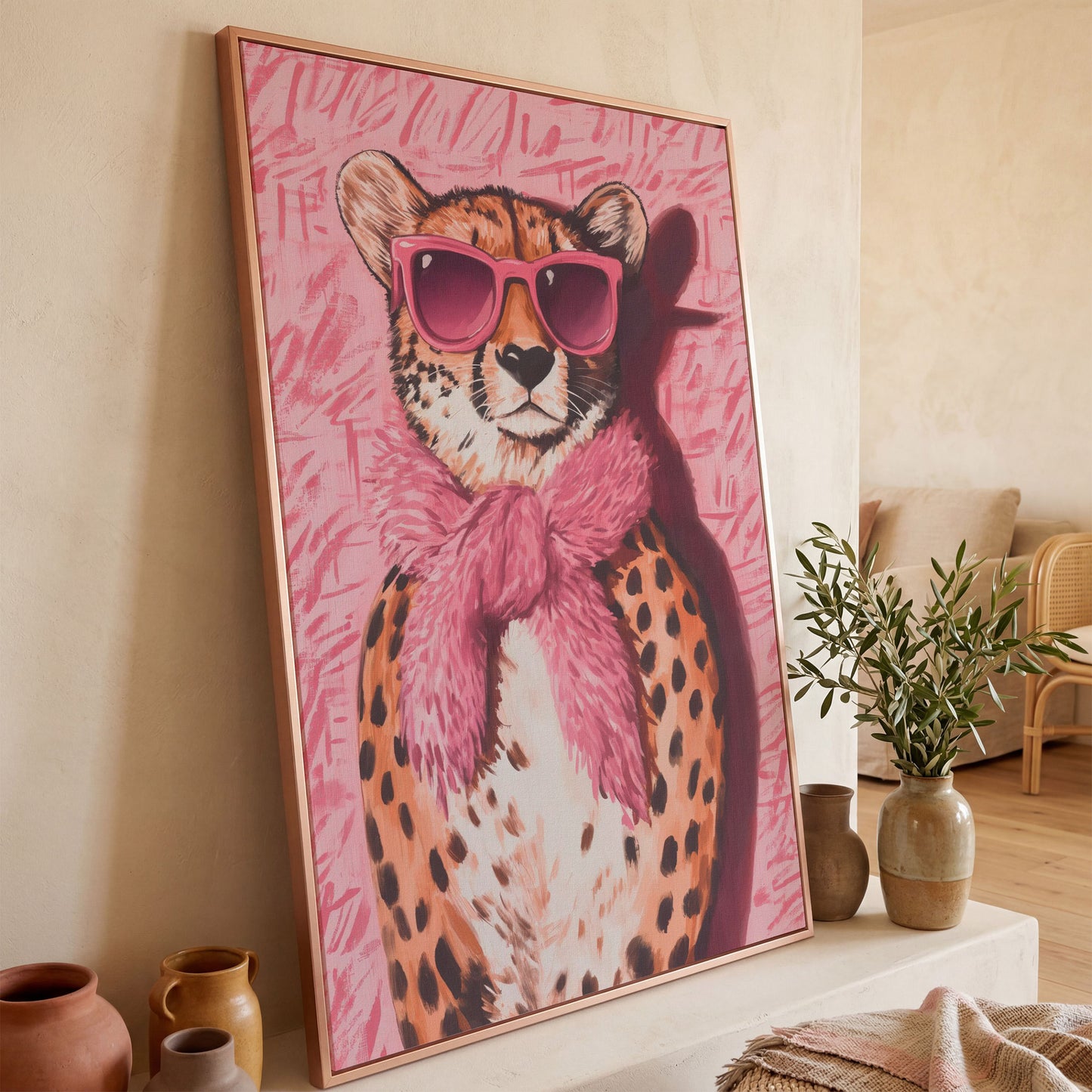 Leopard with Sunglasses Canvas Print, Pink Fashion Art in rose gold floating frame