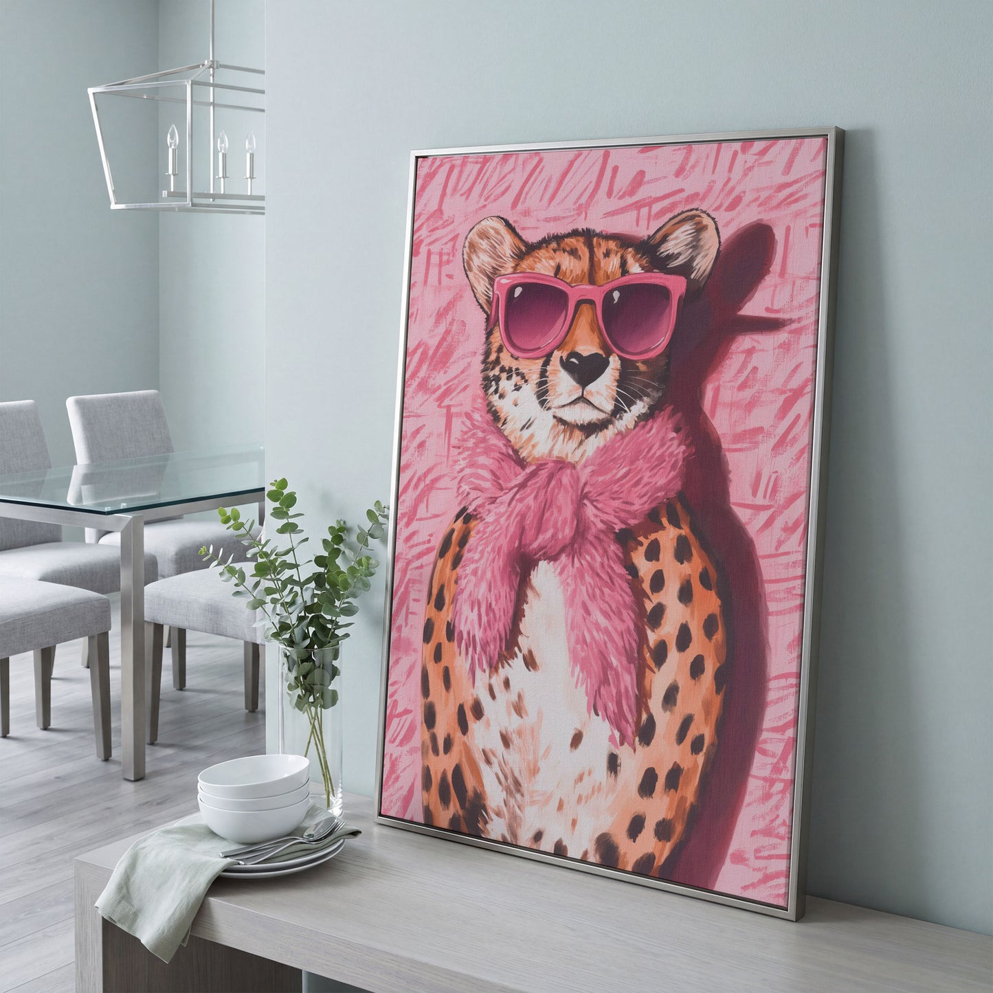 Leopard with Sunglasses Canvas Print, Pink Fashion Art in silver floating frame