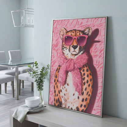 Leopard with Sunglasses Canvas Print, Pink Fashion Art in silver floating frame