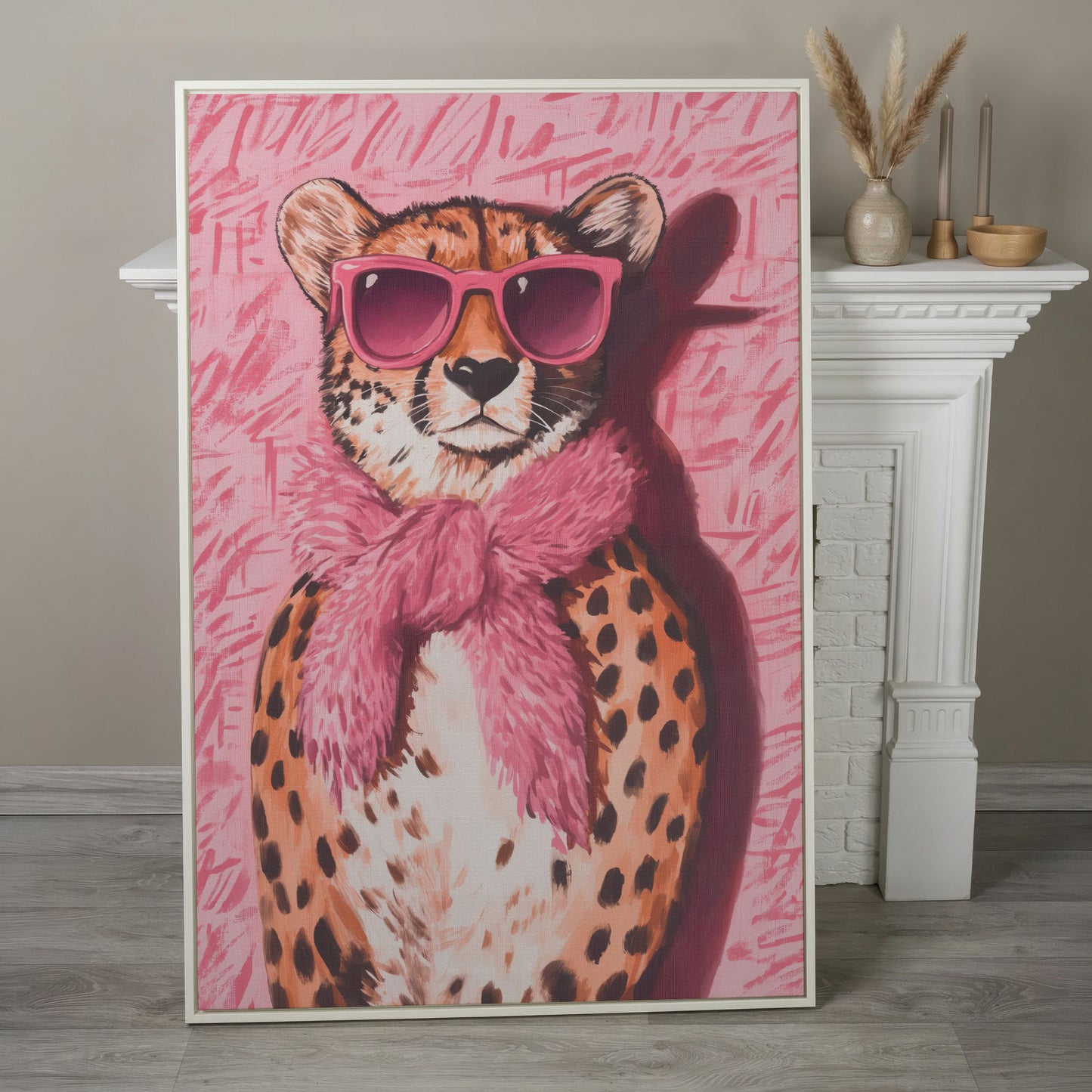 Leopard with Sunglasses Canvas Print, Pink Fashion Art in white floating frame