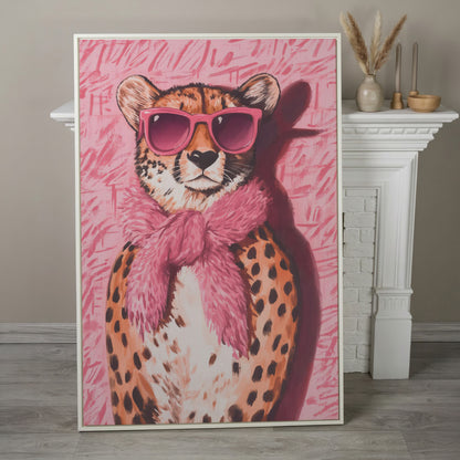 Leopard with Sunglasses Canvas Print, Pink Fashion Art in white floating frame