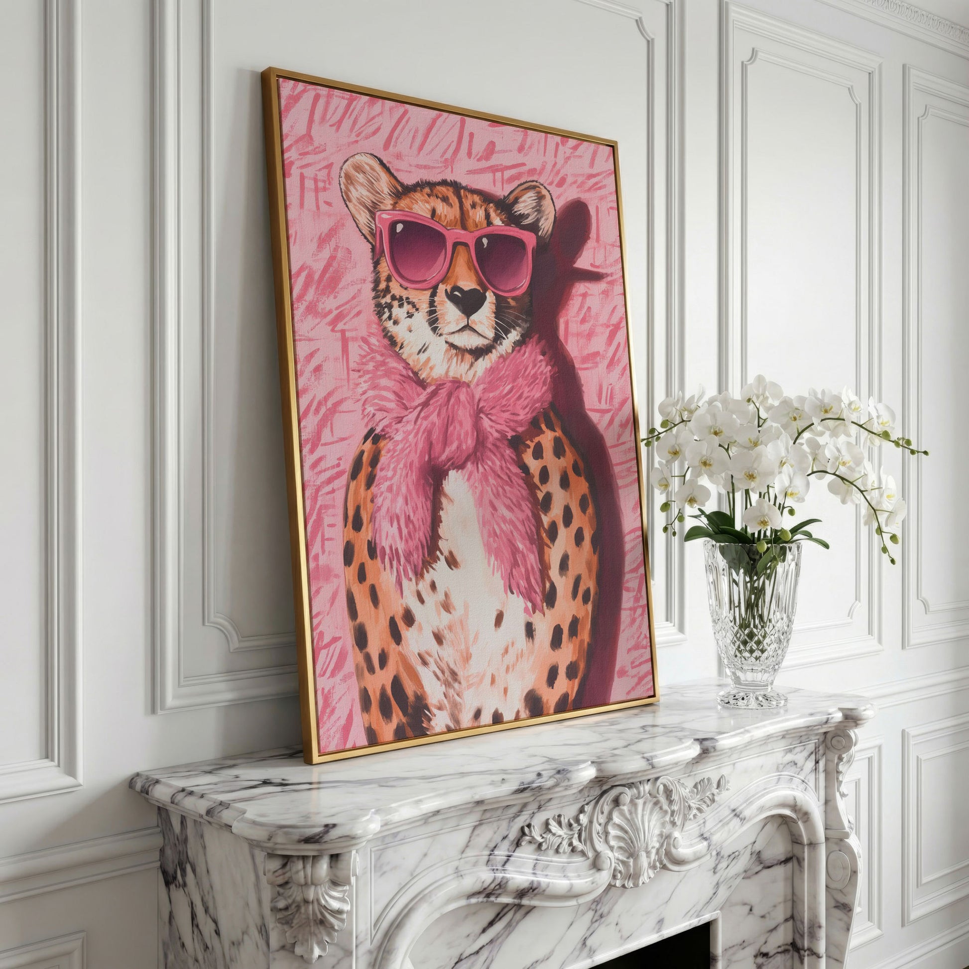 Leopard with Sunglasses Canvas Print, Pink Fashion Art in yellow gold floating frame