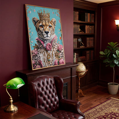 Regal Cheetah Portrait Canvas in Pink and Gold in antique gold floating frame