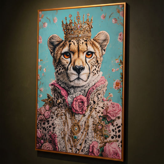 Regal Cheetah Portrait Canvas in Pink and Gold shown in antique gold floating frame