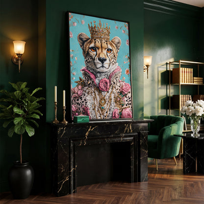 Regal Cheetah Portrait Canvas in Pink and Gold in black floating frame