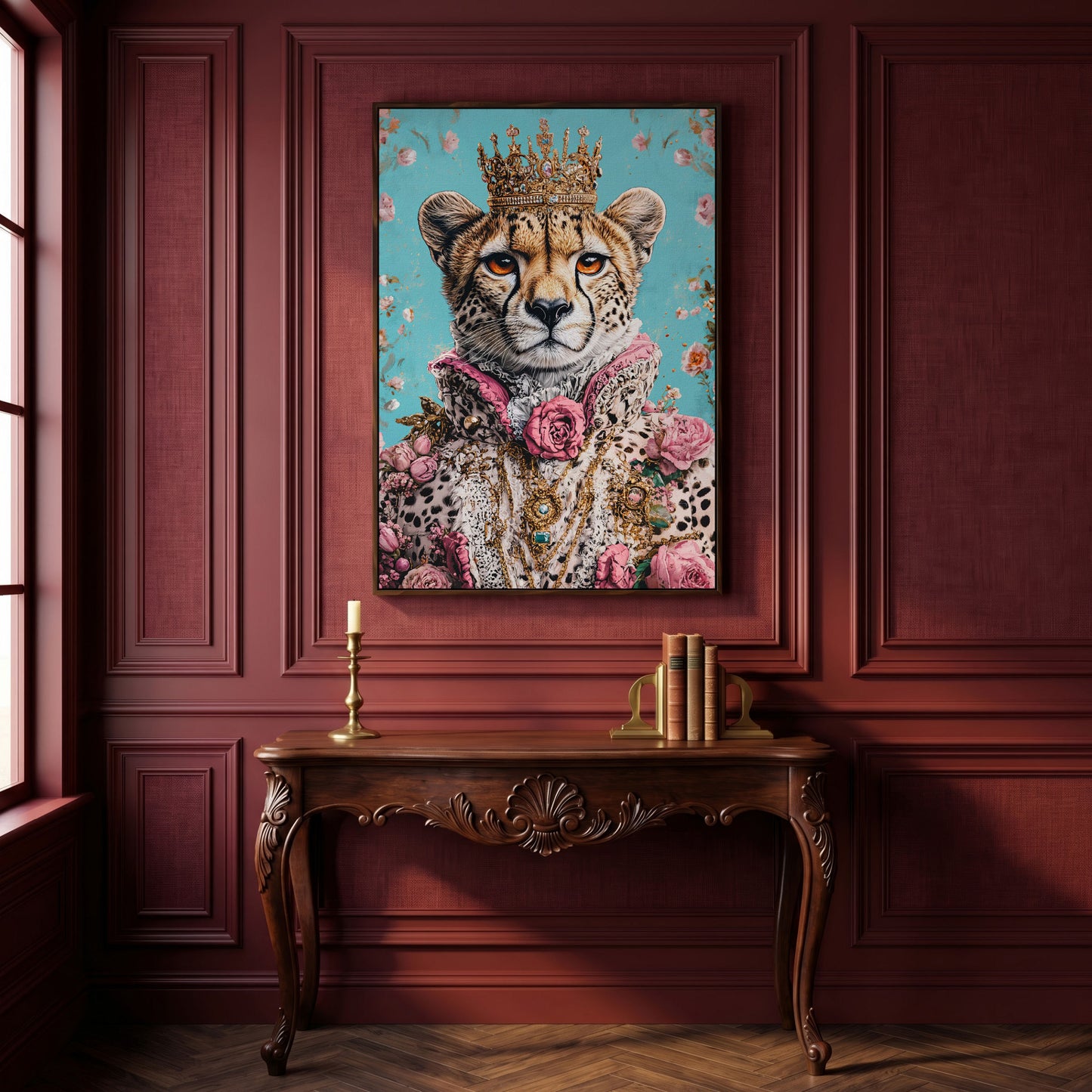 Regal Cheetah Portrait Canvas in Pink and Gold in dark walnut floating frame