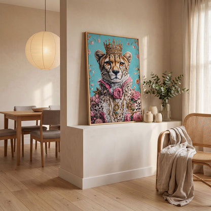 Regal Cheetah Portrait Canvas in Pink and Gold in white oak floating frame