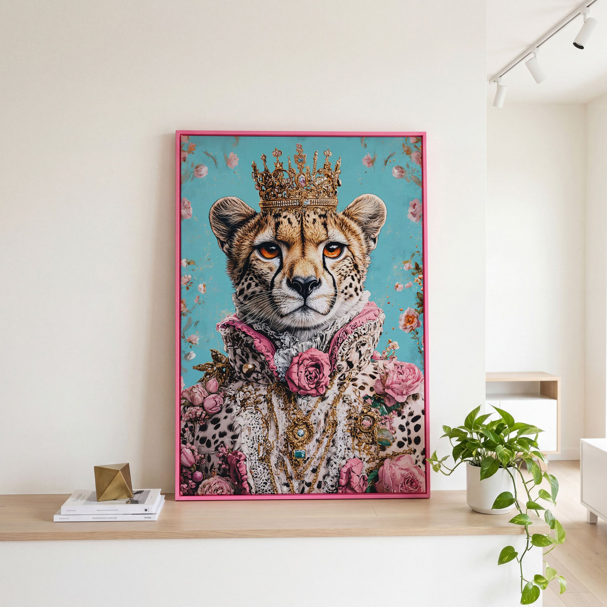 Regal Cheetah Portrait Canvas in Pink and Gold in pink floating frame