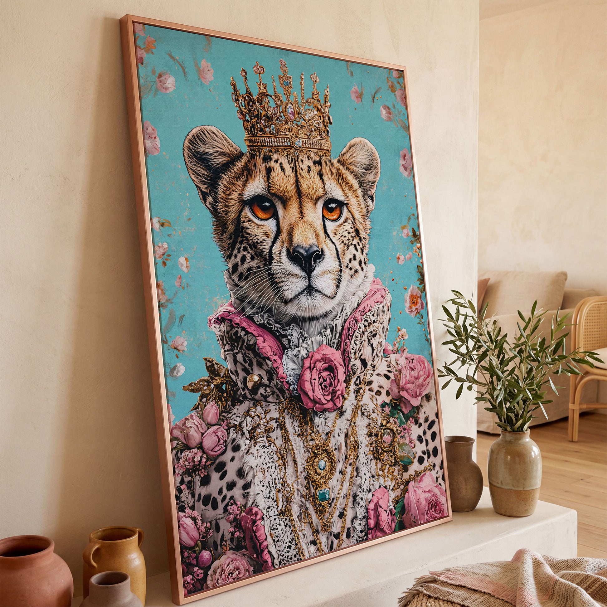 Regal Cheetah Portrait Canvas in Pink and Gold in rose gold floating frame