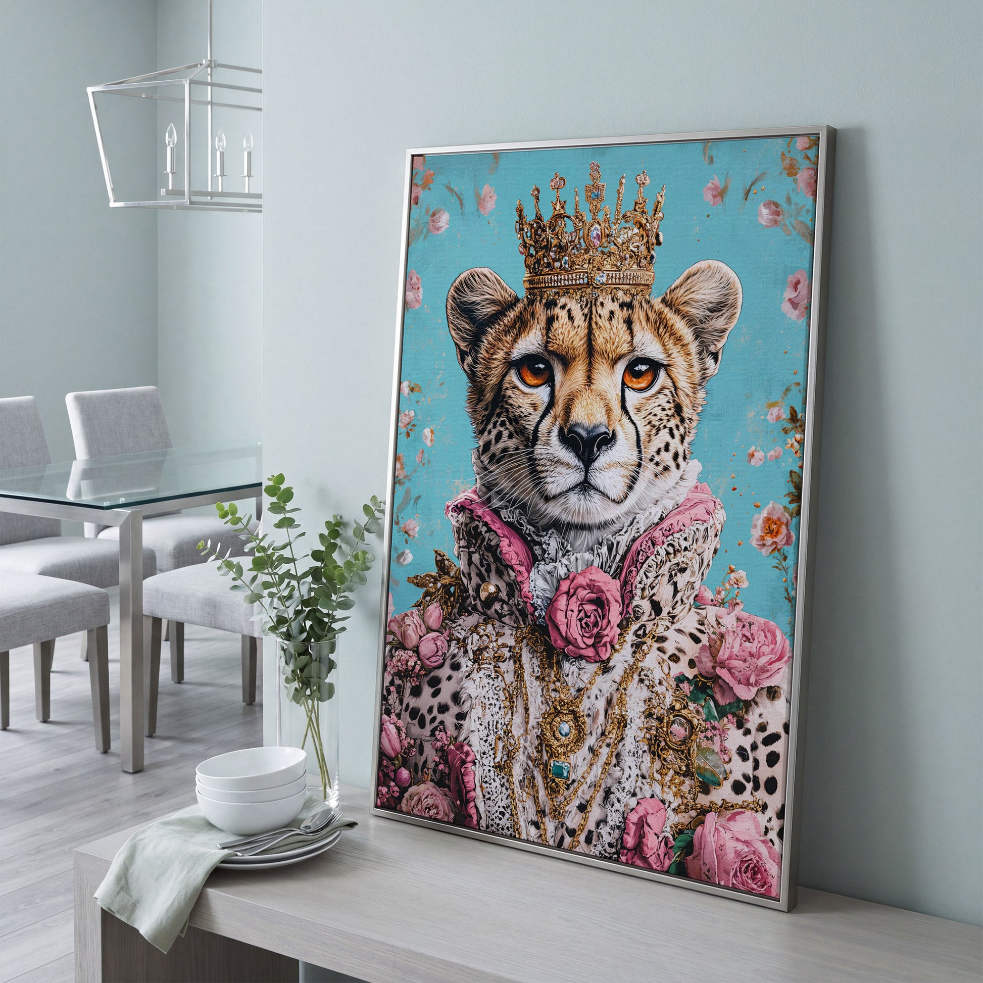 Regal Cheetah Portrait Canvas in Pink and Gold in silver floating frame