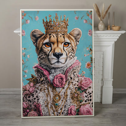 Regal Cheetah Portrait Canvas in Pink and Gold in white floating frame