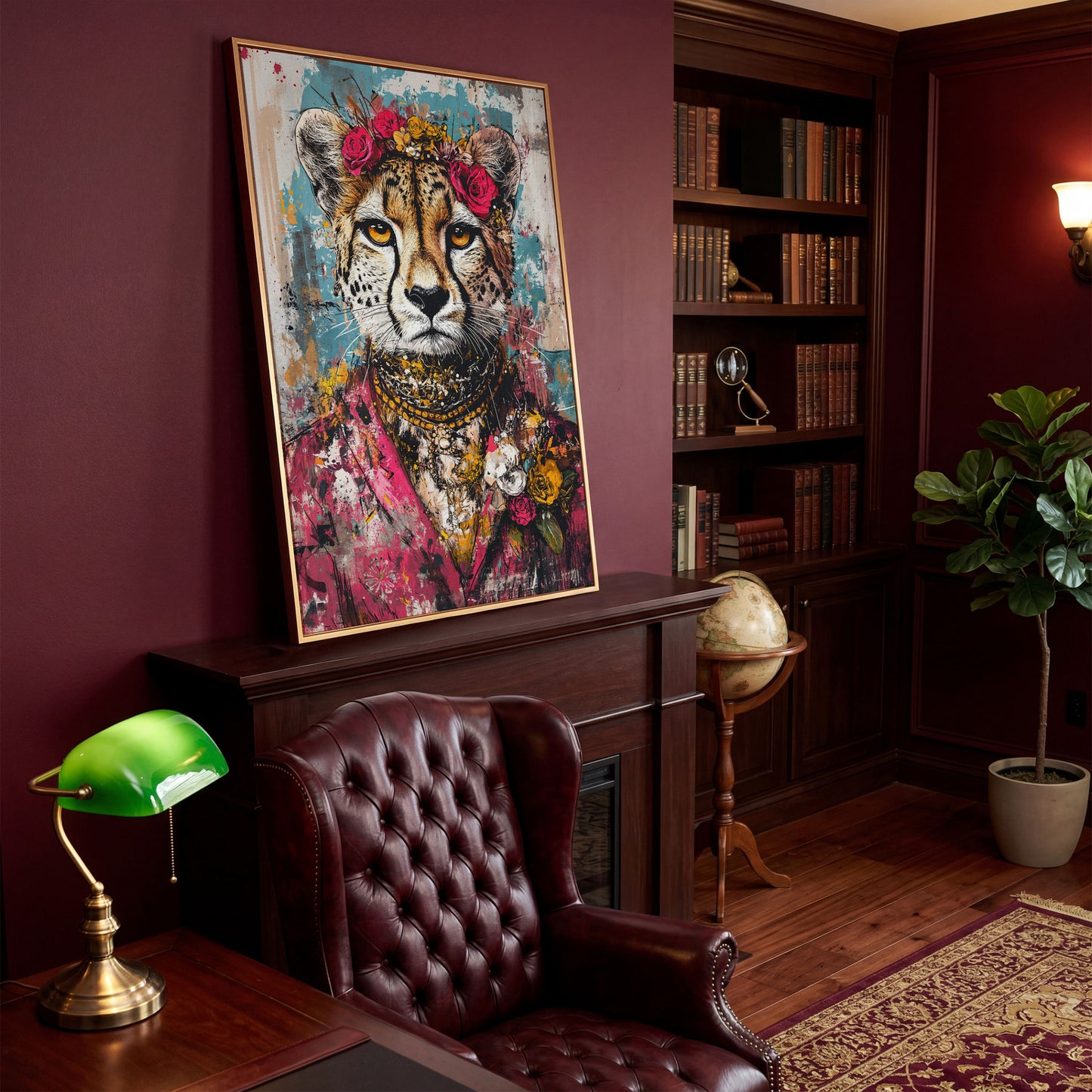 Colorful Abstract Cheetah with Floral Crown Canvas in antique gold floating frame