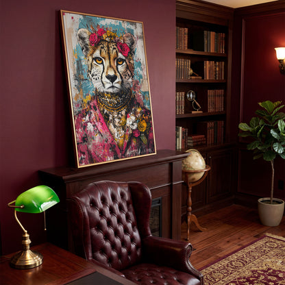 Colorful Abstract Cheetah with Floral Crown Canvas in antique gold floating frame
