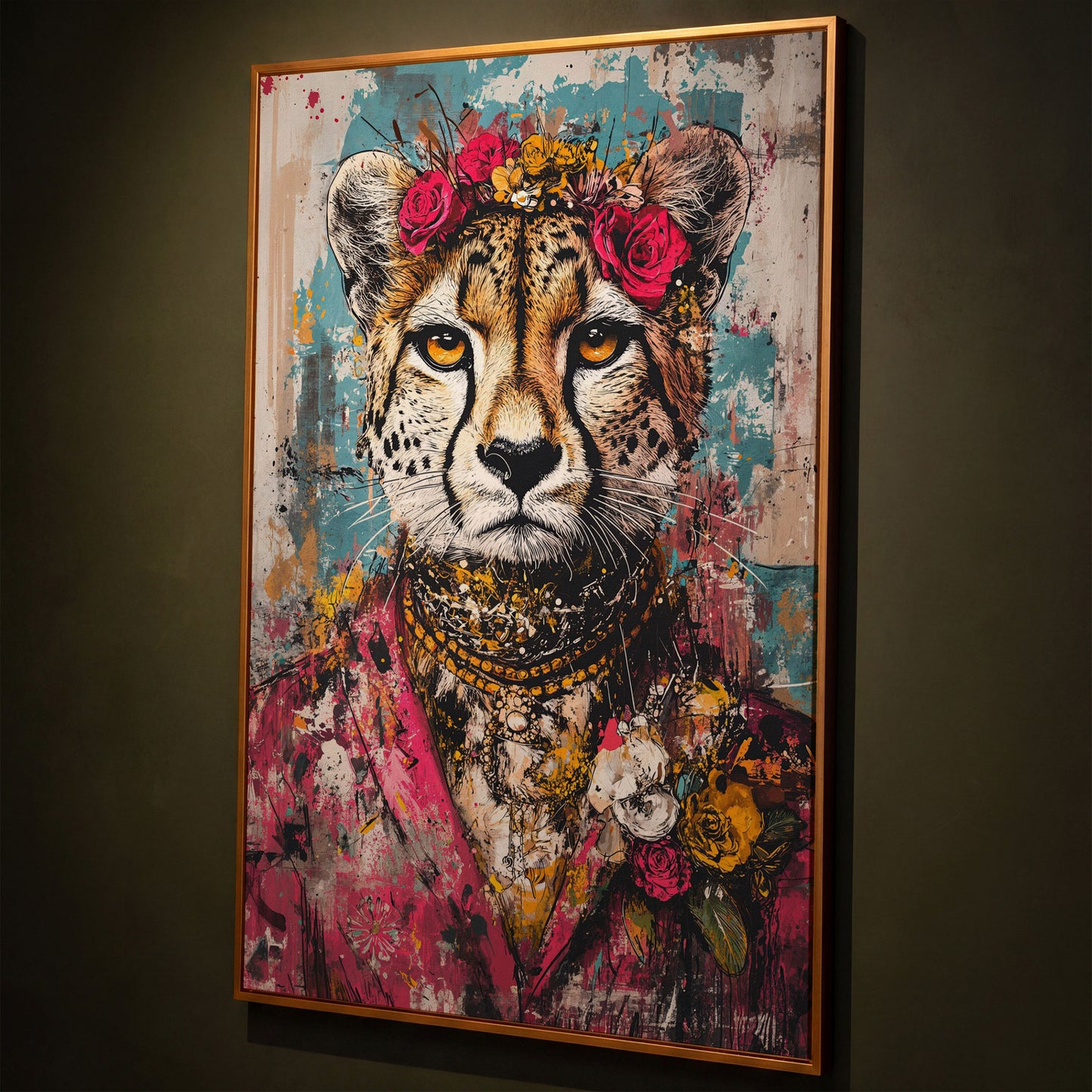 Colorful Abstract Cheetah with Floral Crown Canvas shown in antique gold floating frame