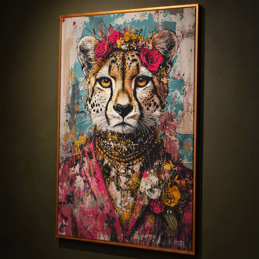Colorful Abstract Cheetah with Floral Crown Canvas shown in antique gold floating frame