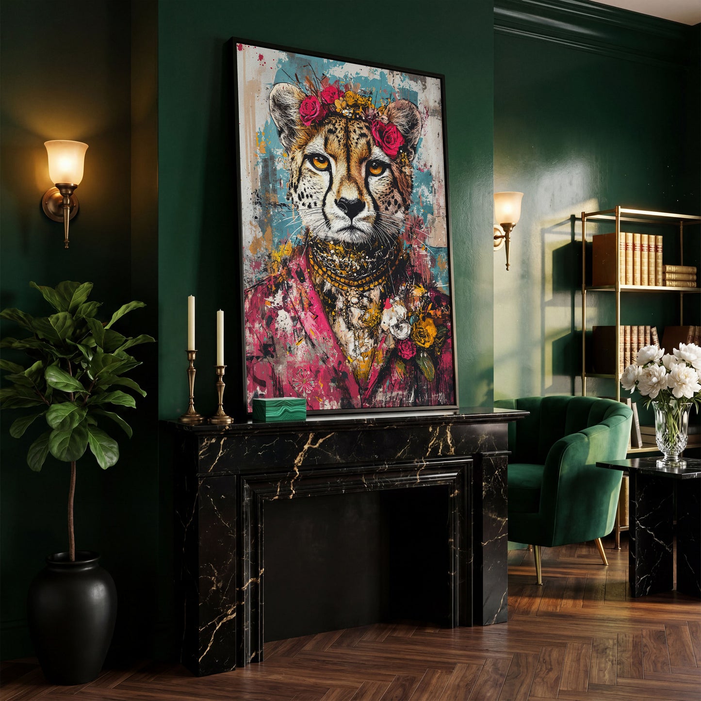 Colorful Abstract Cheetah with Floral Crown Canvas in black floating frame