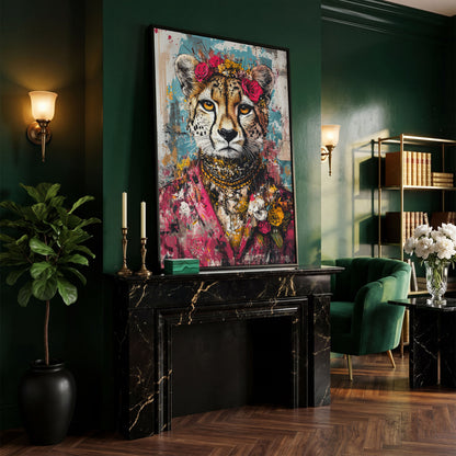 Colorful Abstract Cheetah with Floral Crown Canvas in black floating frame