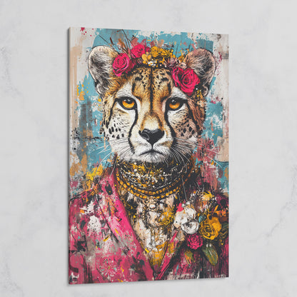 Colorful Abstract Cheetah with Floral Crown Canvas on gallery wrap