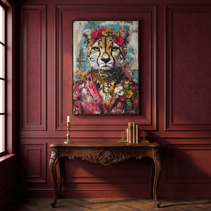 Colorful Abstract Cheetah with Floral Crown Canvas in dark walnut floating frame