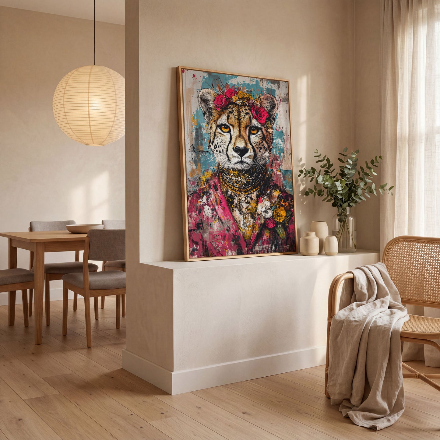 Colorful Abstract Cheetah with Floral Crown Canvas in white oak floating frame
