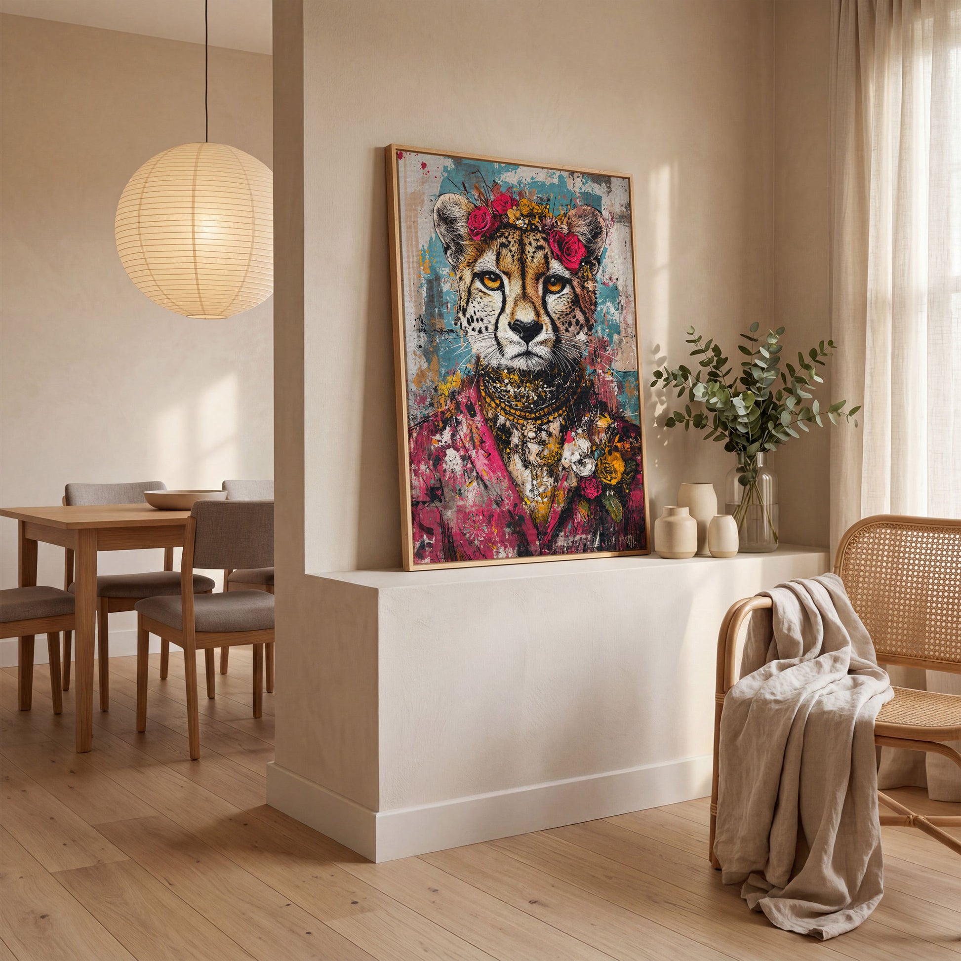 Colorful Abstract Cheetah with Floral Crown Canvas in white oak floating frame