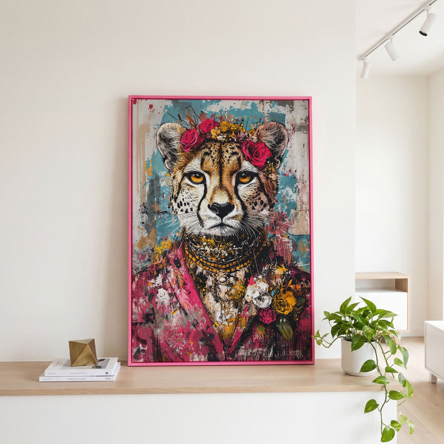Colorful Abstract Cheetah with Floral Crown Canvas in pink floating frame